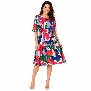 NWT Catherine Malandrino Dress L Abstract Floral 3/4 Sleeve Stretch Midi